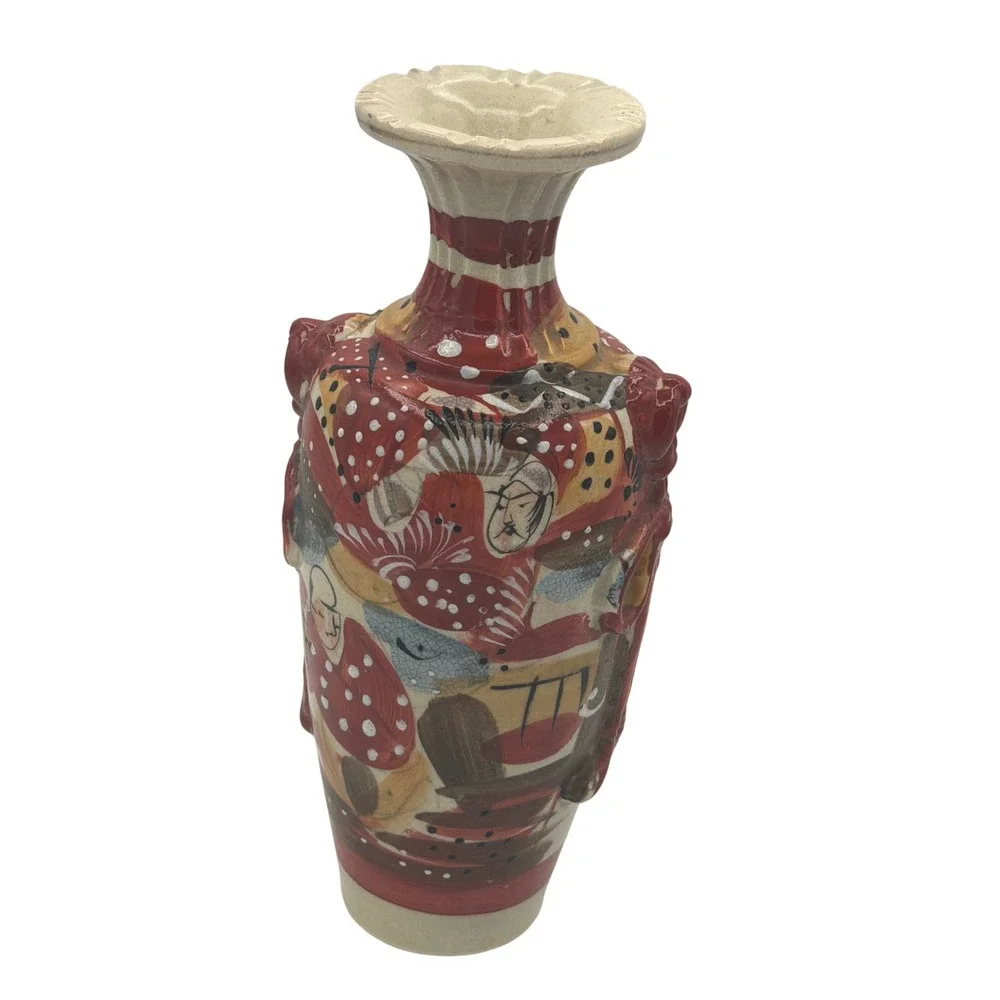 Vintage Antique Japanese Satsuma Moriage Vase Figure Samurai Warrior Earthenware